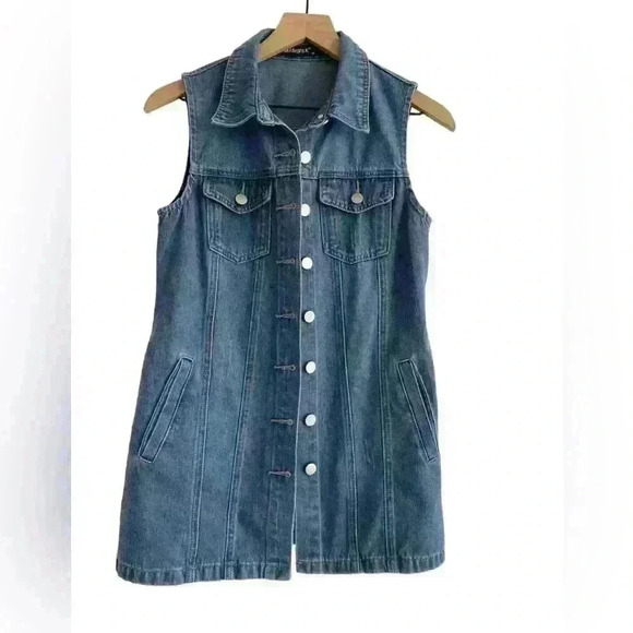 ALLEGRA K Casual‎ Button Down Waistcoat Sleeveless Mid Long Denim Vest - Picture 1 of 10